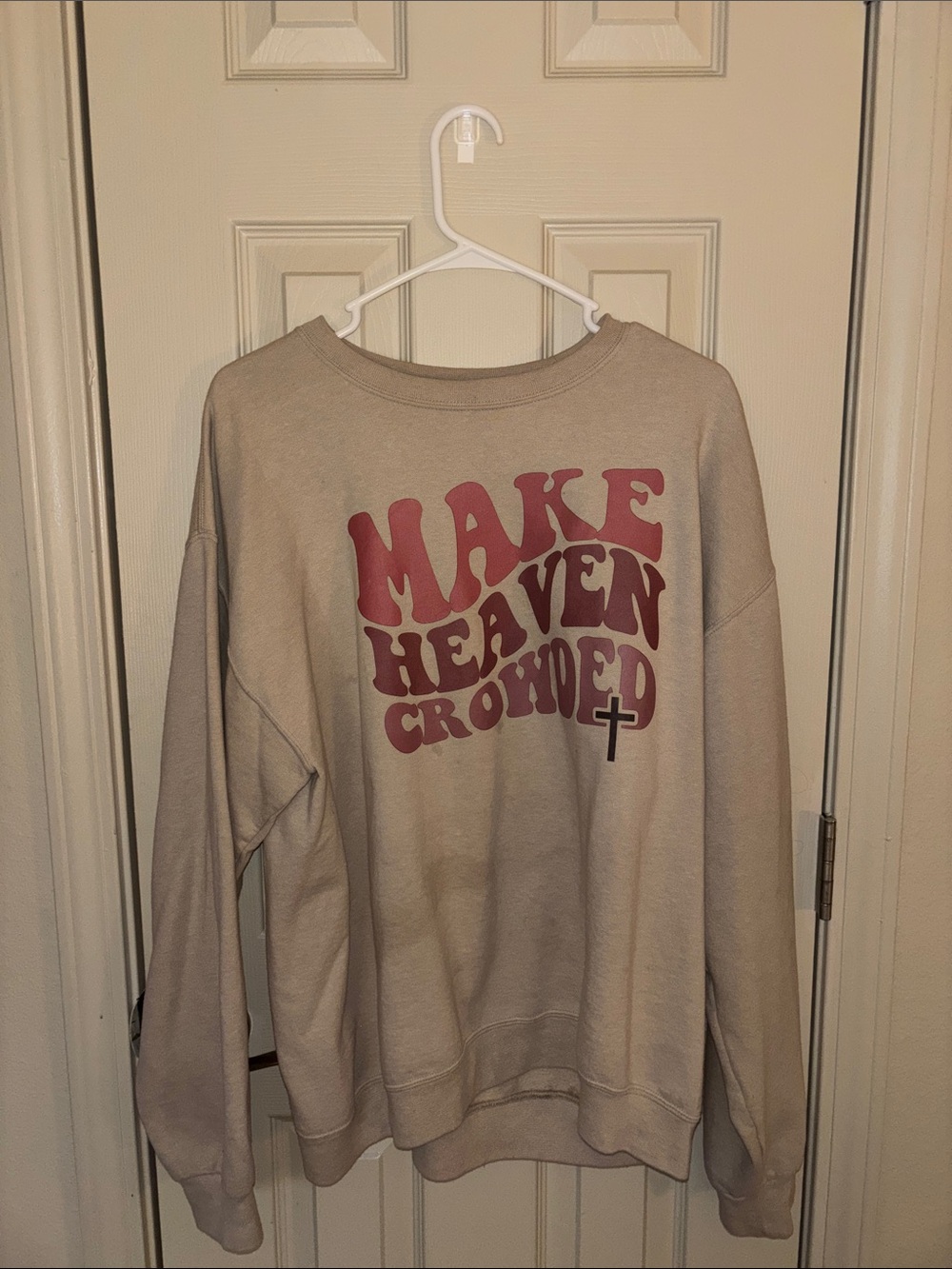 Graphic Crewneck Sweatshirt - Beige with Dusty Rose Print Size Large